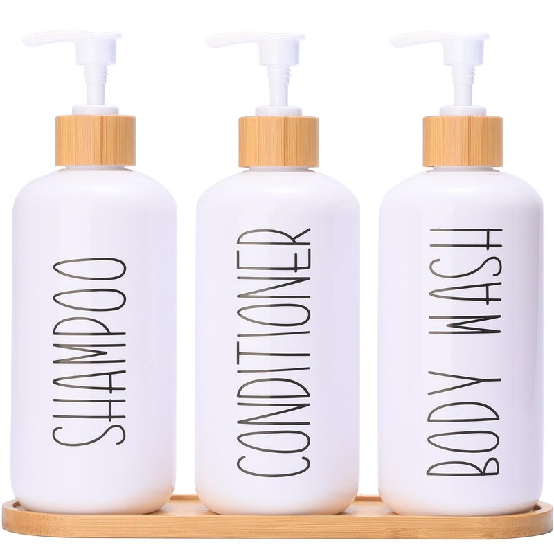 MOMEEMO White Shampoo and Conditioner Dispenser Set, Contains 3 Extra-Thick PET Plastic Bottles, Refillable Shampoo and Conditioner Bottles Perfect for Farmhouse Bathroom Decor. (White) - Image 1